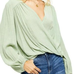 Free People Mint Green Faux Wrap V-Neck Top with Blouson Sleeves NWT $78